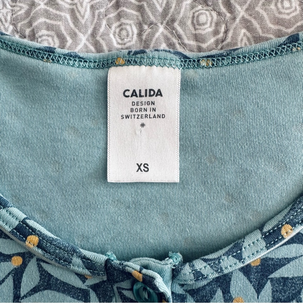 Calida Switzerland Cotton Nightgown Long Sleeve Nightdress Blue Leaf Print XS - Picture 4 of 8